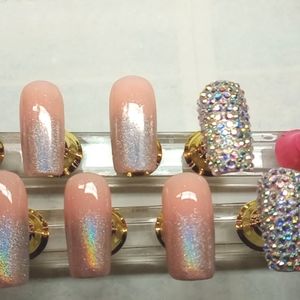Pink and Holo nails with rhinestones